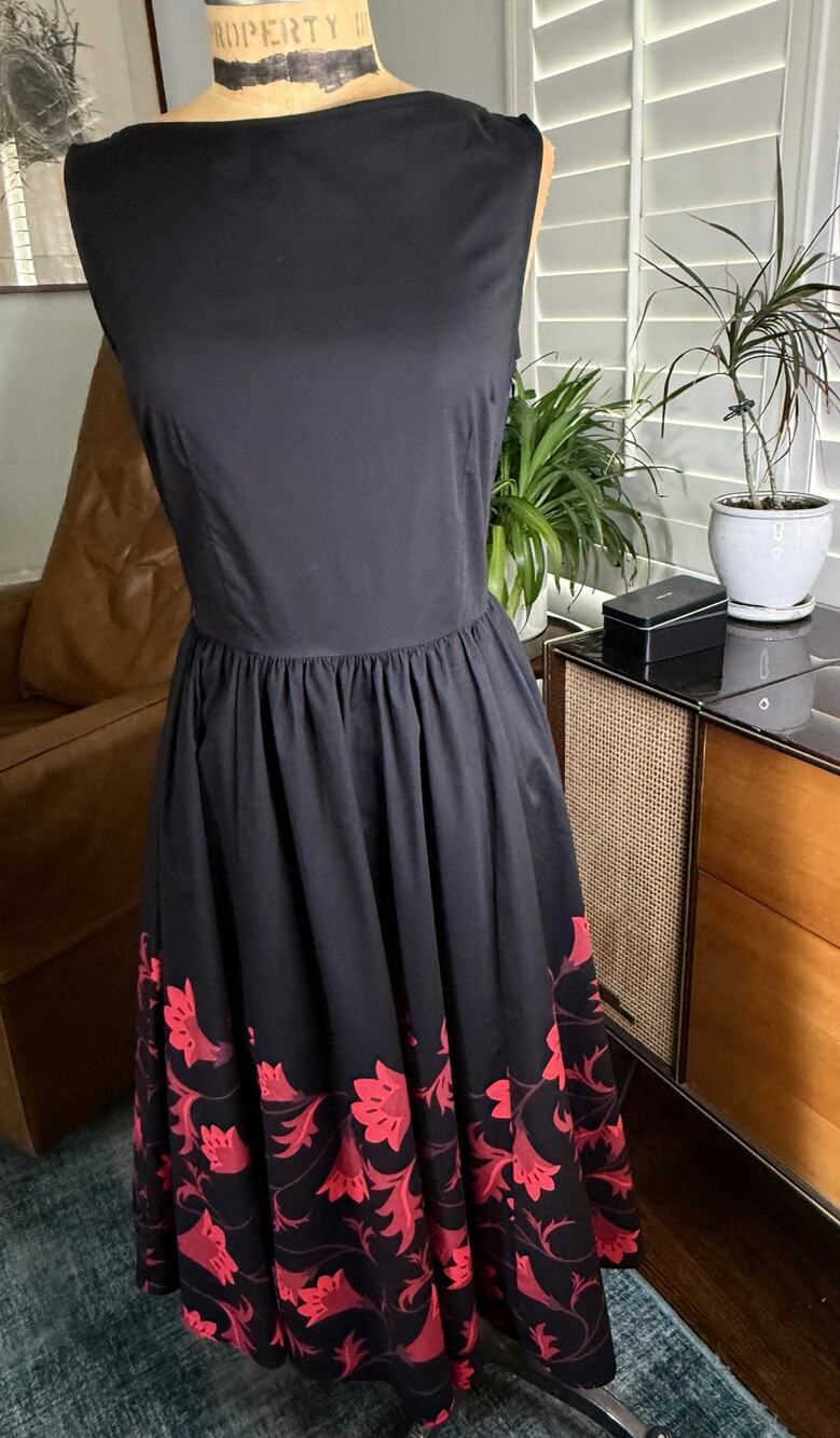 Black Red Floral Border Print Fit Flare Dress Size 36 Cottagecore / Rockabilly